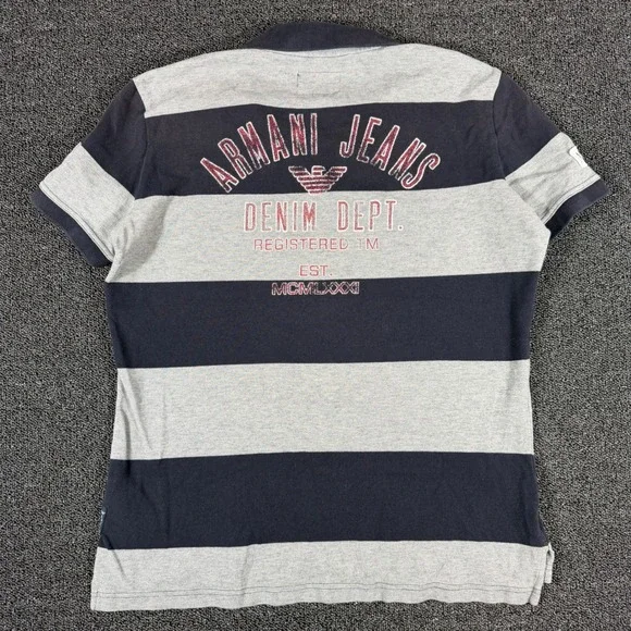 Armani Jeans Mens XL Polo Shirt Navy Blue Grey Striped Big Spellout Graphic Y2K - Picture 1 of 9